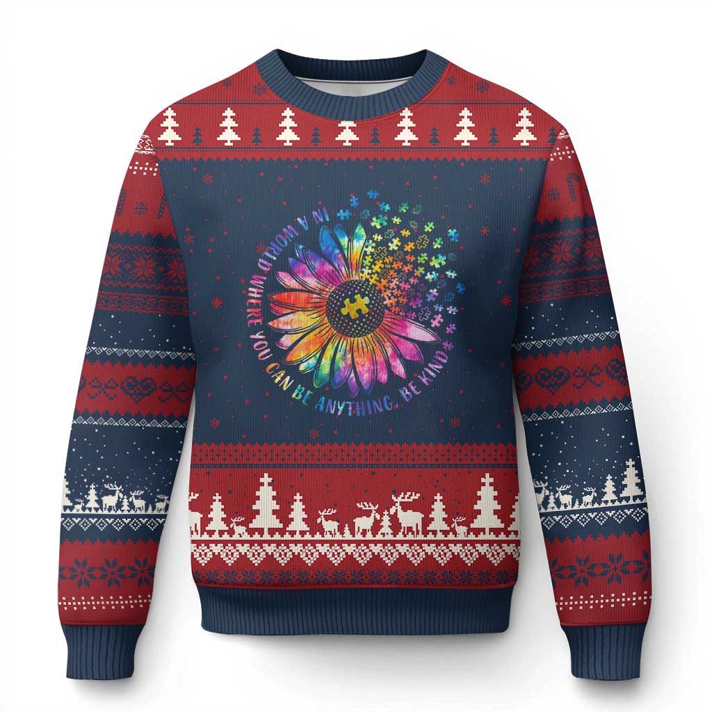 Be Kind Autism Awareness Ugly Christmas Sweater Kindness Sunflower Tie Dye Puzzle TS02 Navy Red Print Your Wear