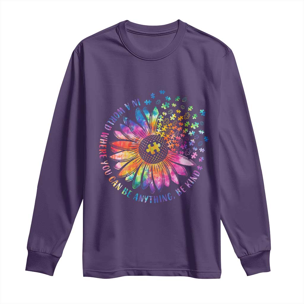 Be Kind Autism Awareness Long Sleeve Shirt Kindness Sunflower Tie Dye Puzzle TS02 Purple Print Your Wear