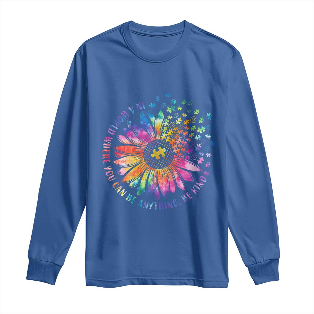 Be Kind Autism Awareness Long Sleeve Shirt Kindness Sunflower Tie Dye Puzzle TS02 Royal Blue Print Your Wear