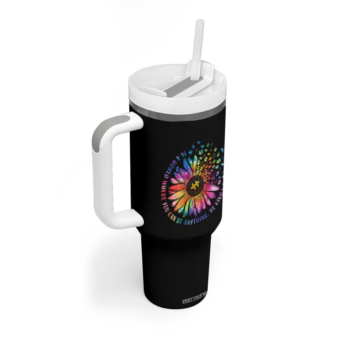 Be Kind Autism Awareness Tumbler With Handle Kindness Sunflower Tie Dye Puzzle TS02 Print Your Wear