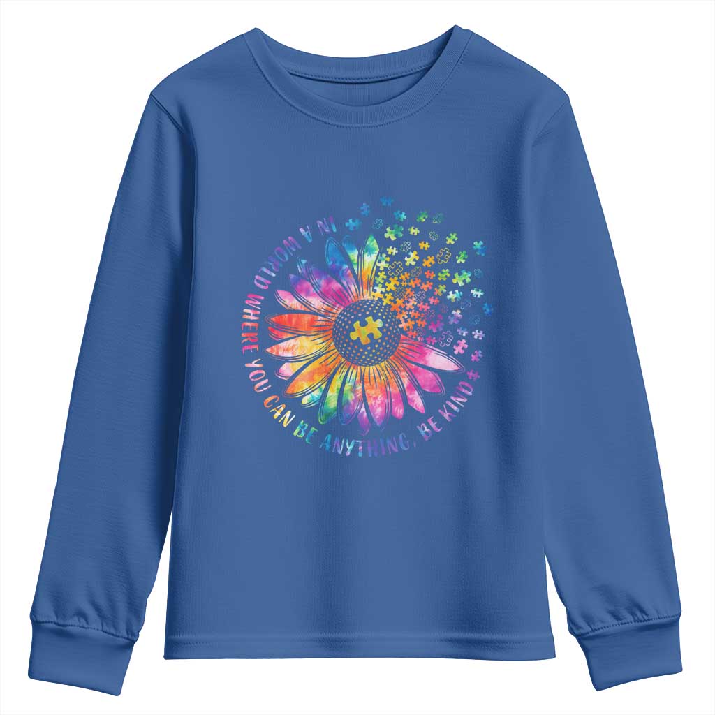 Be Kind Autism Awareness Youth Sweatshirt Kindness Sunflower Tie Dye Puzzle TS02 Royal Blue Print Your Wear
