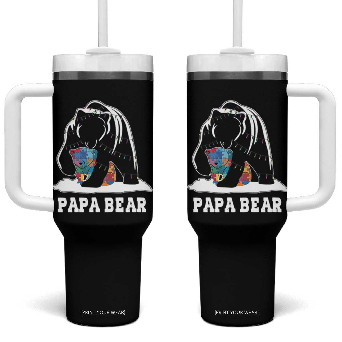 Autism Papa Bear Tumbler With Handle Support Autistic Matching Family Dad TS02 One Size: 40 oz Black Print Your Wear