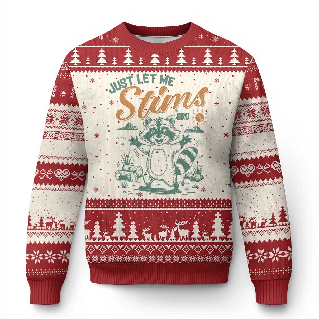 Funny Raccoon Autism Awareness Ugly Christmas Sweater Just Let Me Stim Bro TS02 Beige Red Print Your Wear