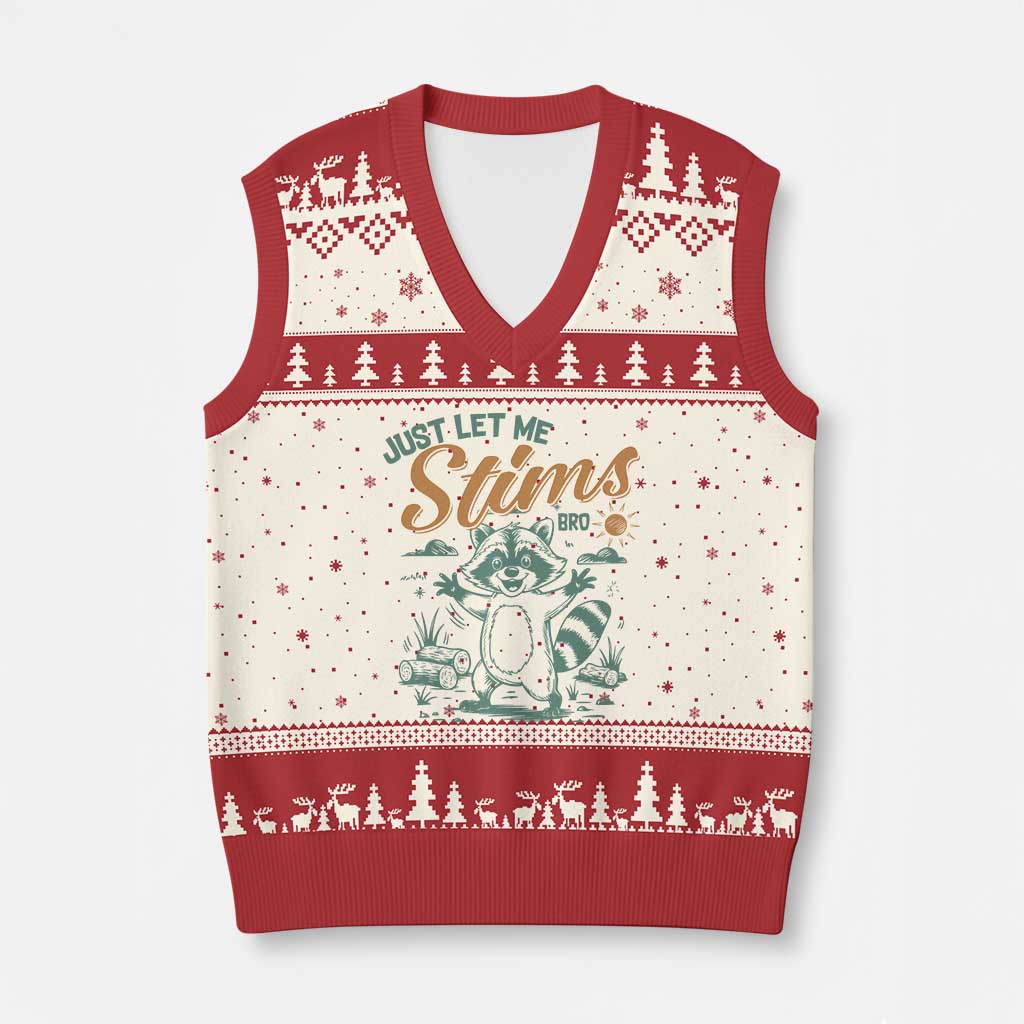 Funny Raccoon Autism Awareness V-Neck Knit Sweater Vest Just Let Me Stim Bro TS02 Beige Red Print Your Wear