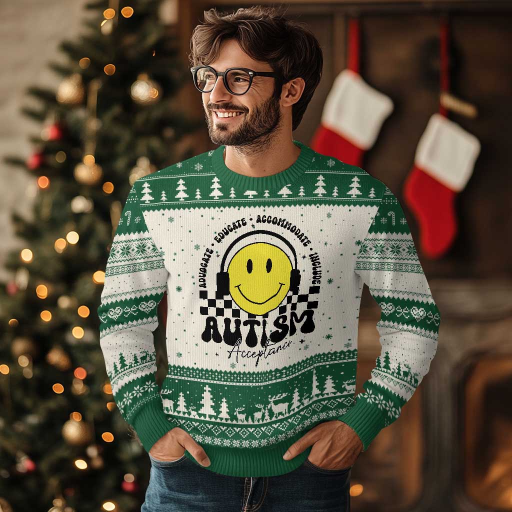 Autism Acceptance Ugly Christmas Sweater Advocate Educate Accomodate Include Special Education TS02 Beige Green Print Your Wear