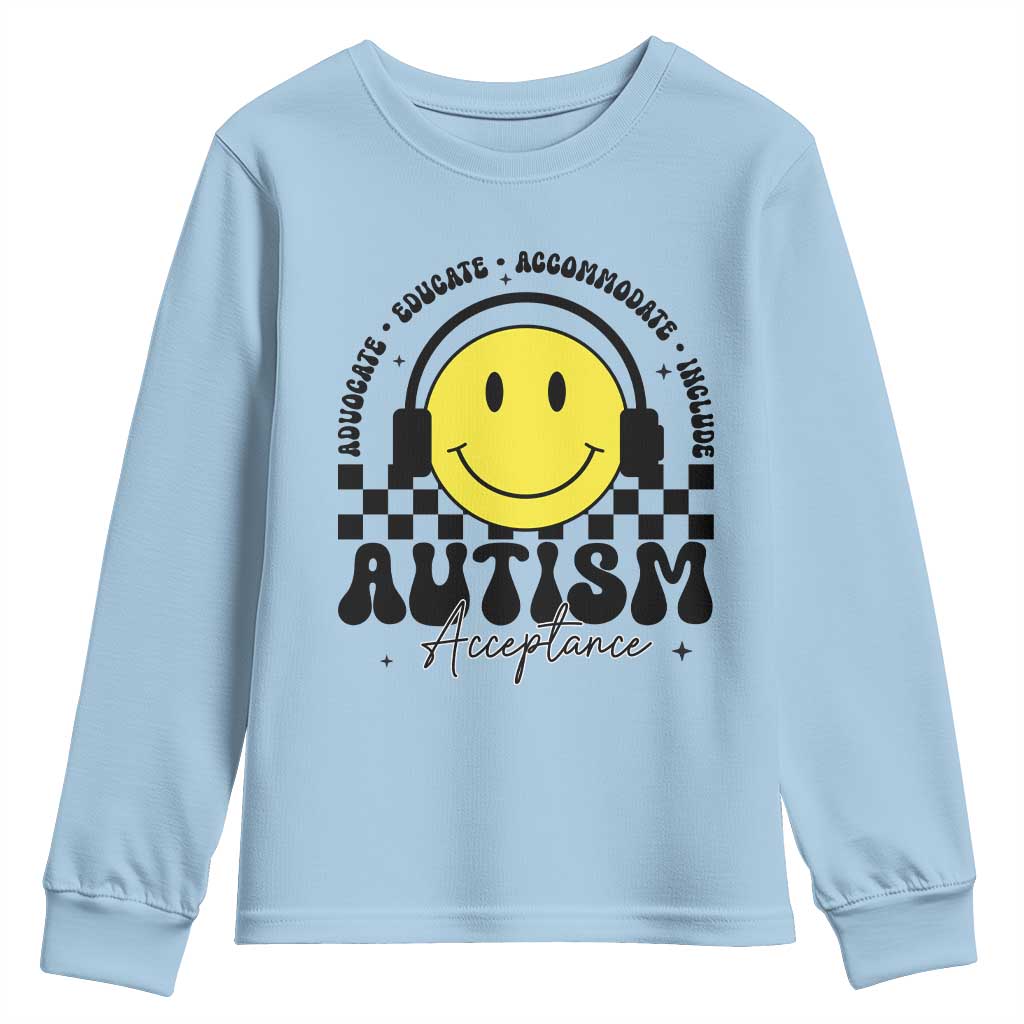 Autism Acceptance Youth Sweatshirt Advocate Educate Accomodate Include Special Education TS02 Light Blue Print Your Wear