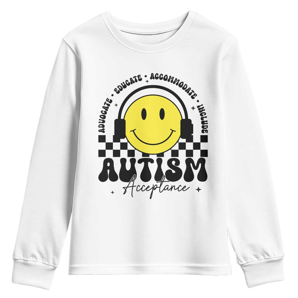 Autism Acceptance Youth Sweatshirt Advocate Educate Accomodate Include Special Education TS02 White Print Your Wear