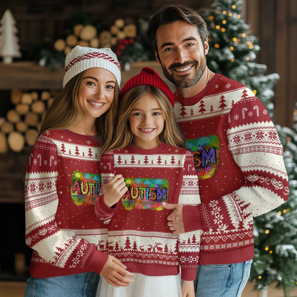 Autism Acceptance Ugly Christmas Sweater Accept Understand Love Autistic Support TS02 Red Beige Print Your Wear