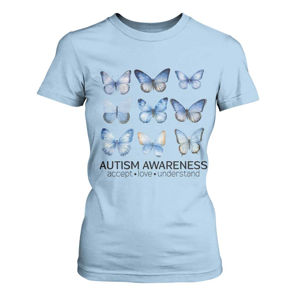 Autism Awareness Blue Butterflies T Shirt For Women Accept Love Understand TS02 Light Blue Print Your Wear
