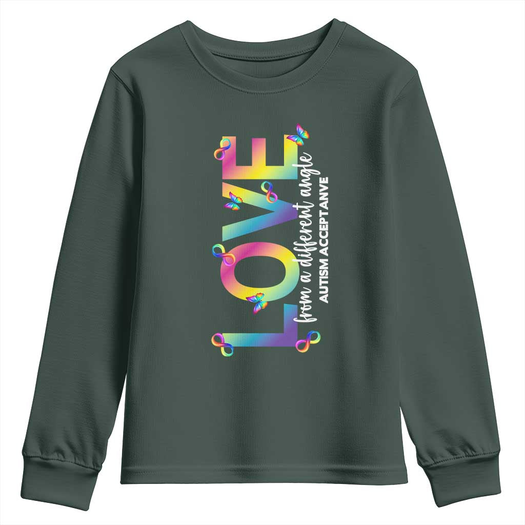Autism Acceptance Youth Sweatshirt Love From a Different Angle Rainbow Infinity TS02 Dark Forest Green Print Your Wear