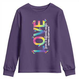 Autism Acceptance Youth Sweatshirt Love From a Different Angle Rainbow Infinity TS02 Purple Print Your Wear