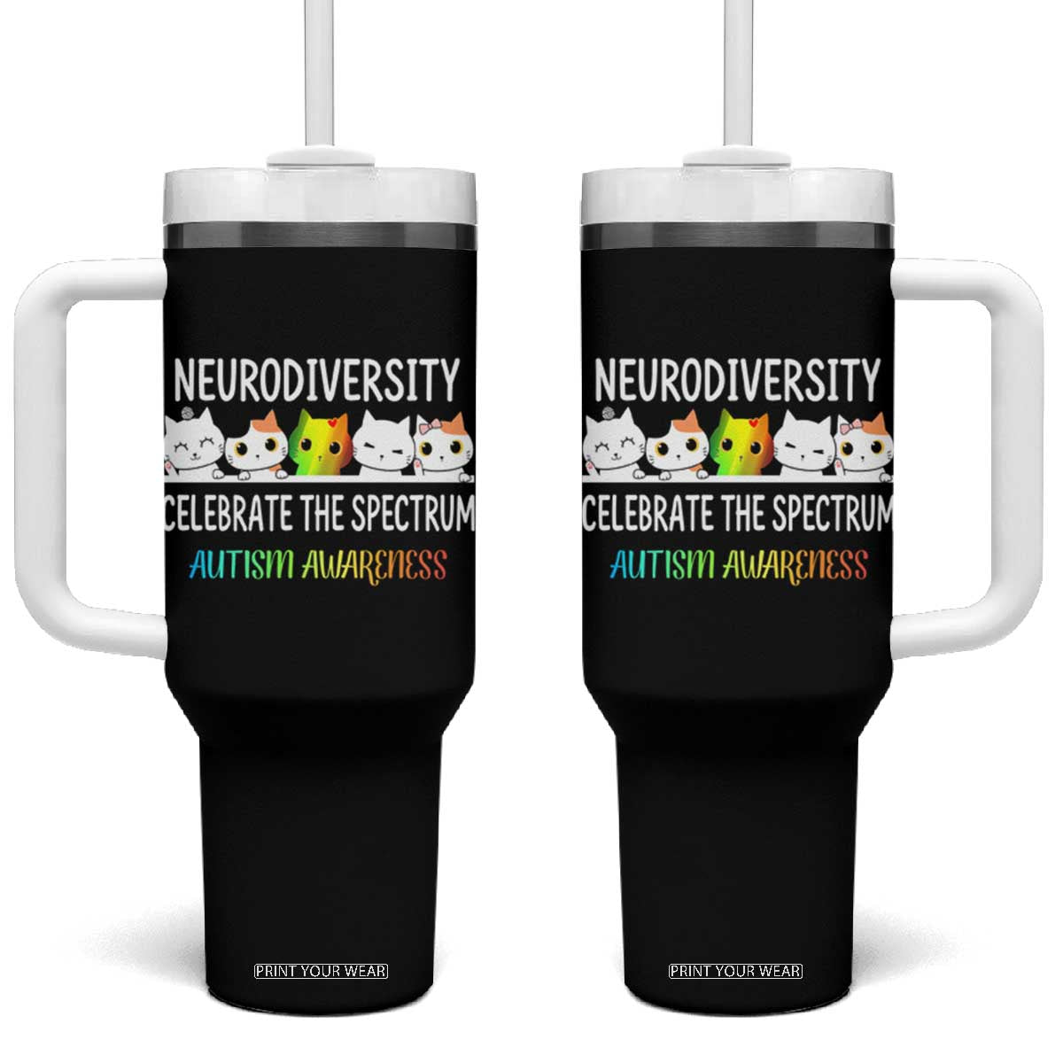 Cute Cats Autism Embrace Tumbler With Handle Neurodiversity Celebrate The Spectrum TS02 One Size: 40 oz Black Print Your Wear