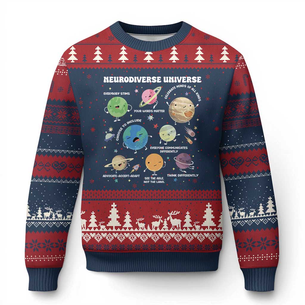 Neurodiverse Universe Ugly Christmas Sweater Autism Awareness ASD ADHD Neurodiversity Sped Teacher TS02 Navy Red Print Your Wear