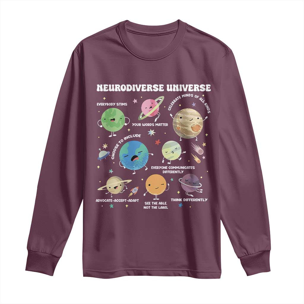 Neurodiverse Universe Long Sleeve Shirt Autism Awareness ASD ADHD Neurodiversity Sped Teacher TS02 Maroon Print Your Wear