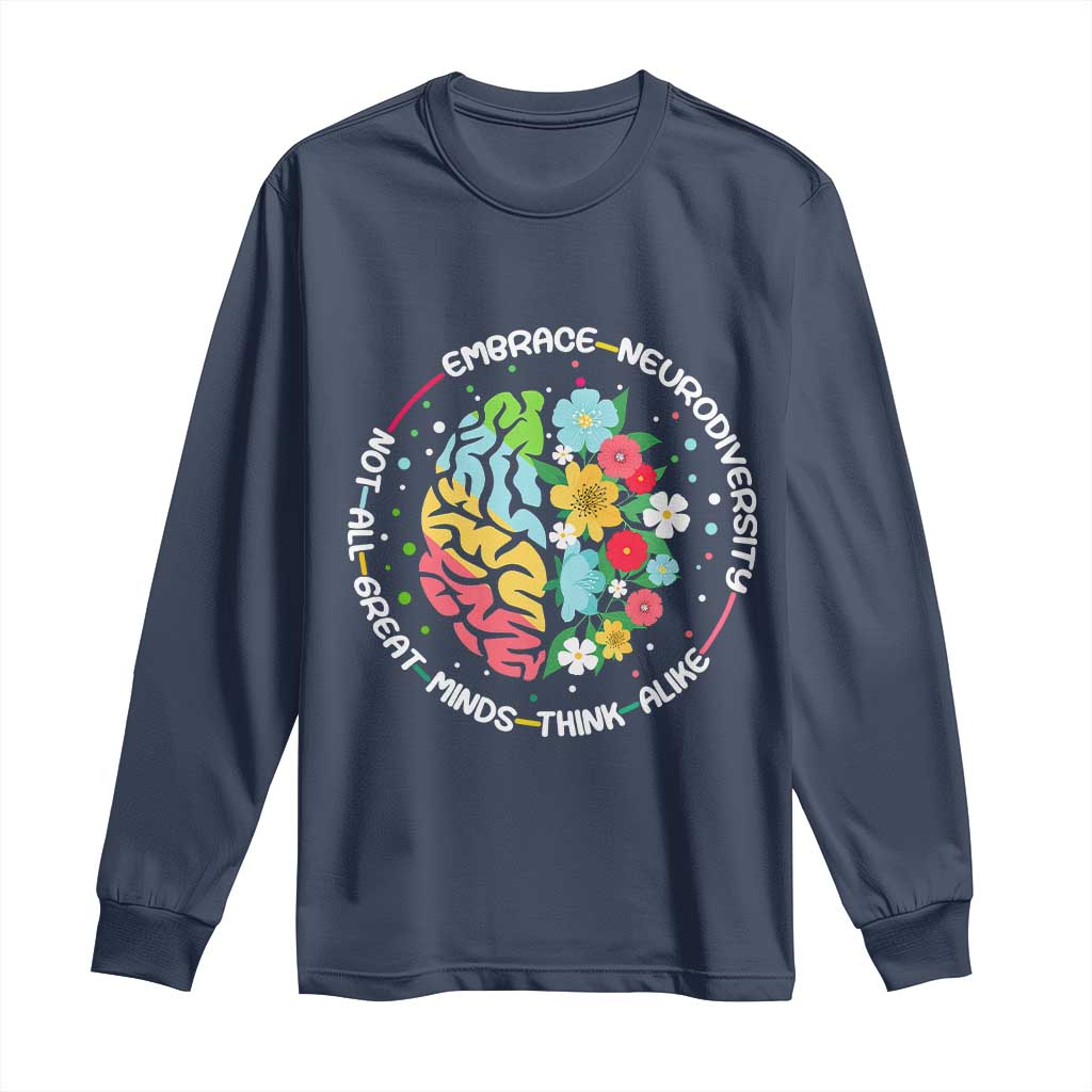 Embrace Neurodiversity Long Sleeve Shirt Neurodiverse Brain Autism Awareness ADHD Autistic TS02 Navy Print Your Wear