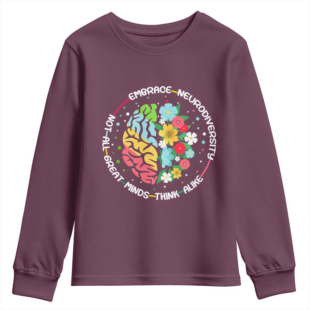 Embrace Neurodiversity Youth Sweatshirt Neurodiverse Brain Autism Awareness ADHD Autistic TS02 Maroon Print Your Wear