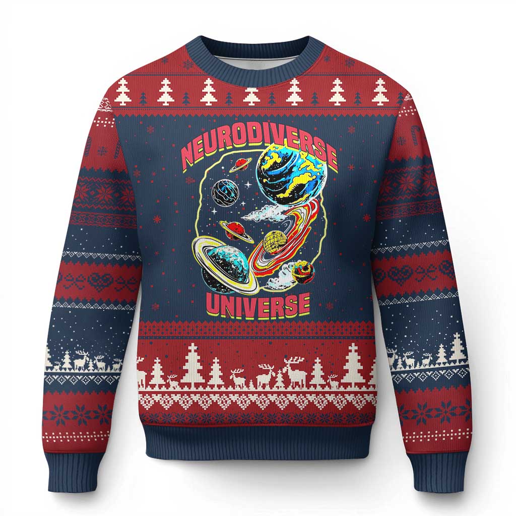 Neurodiverse Universe Ugly Christmas Sweater Neurodiversity Embrace ADHD Autism ASD TS02 Navy Red Print Your Wear