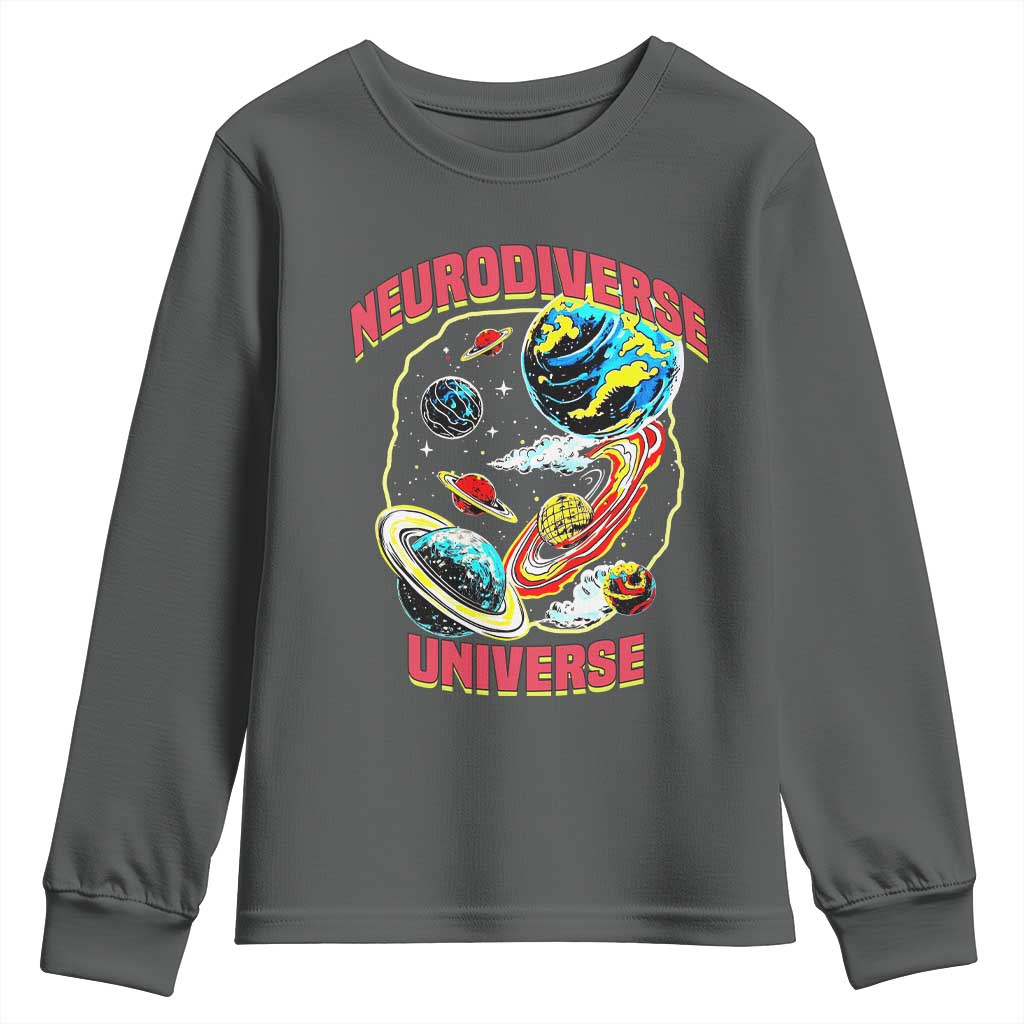Neurodiverse Universe Youth Sweatshirt Neurodiversity Embrace ADHD Autism ASD TS02 Dark Heather Print Your Wear