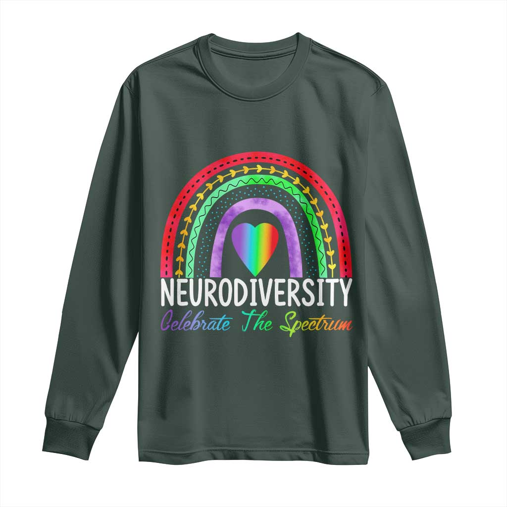 Neurodiversity Long Sleeve Shirt Autism Spectrum ASD ADHD Rainbow Boho TS02 Dark Forest Green Print Your Wear