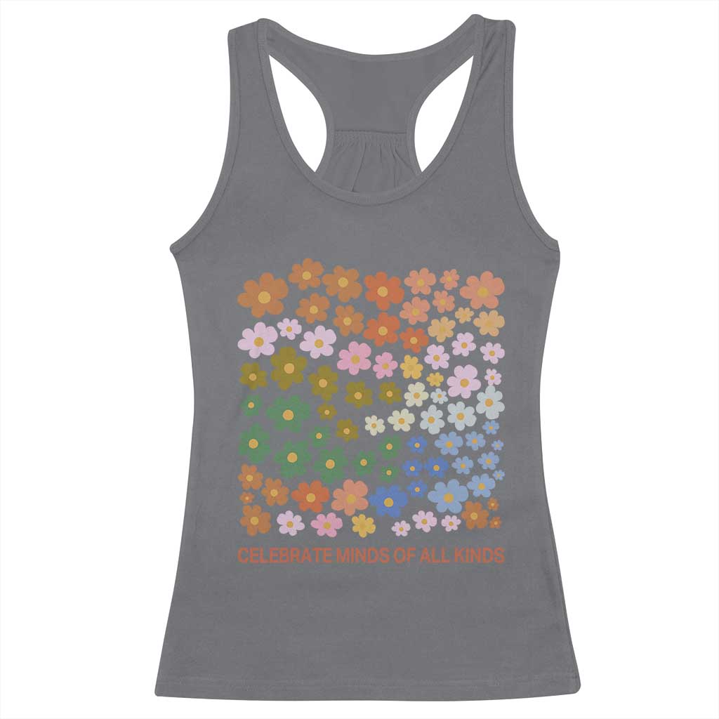 Neurodiversity Boho Floral Racerback Tank Top Celebrate Minds of All Kinds Autism ADHD ASD TS02 Charcoal Print Your Wear