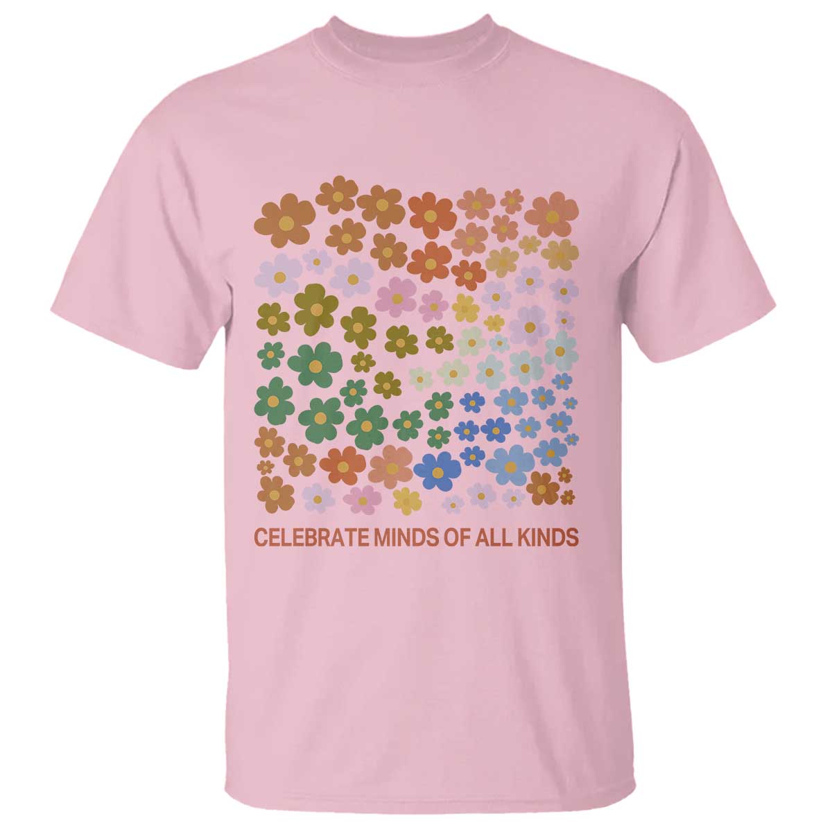Neurodiversity Boho Floral T Shirt Celebrate Minds of All Kinds Autism ADHD ASD TS02 Light Pink Print Your Wear