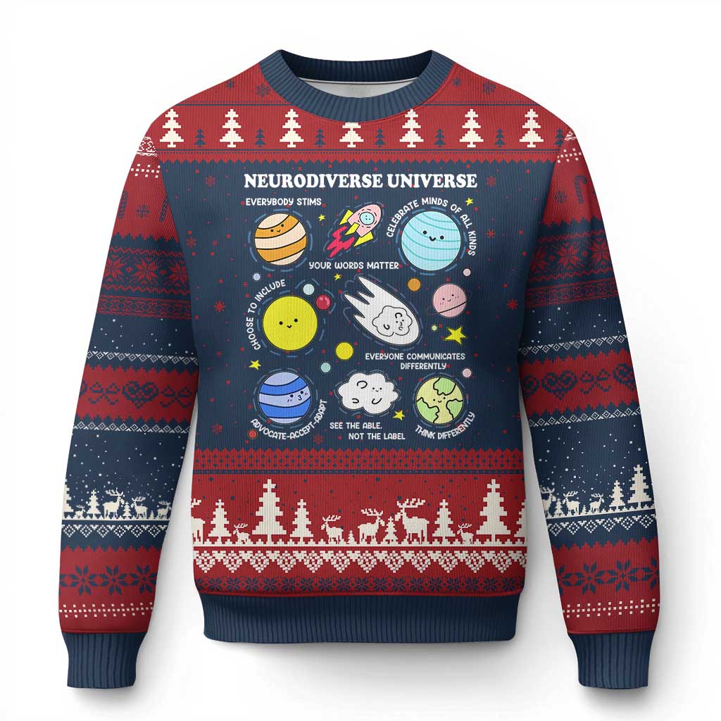 Neurodiverse Universe Ugly Christmas Sweater Autism Awareness ADHD ASD Neurodiversity TS02 Navy Red Print Your Wear