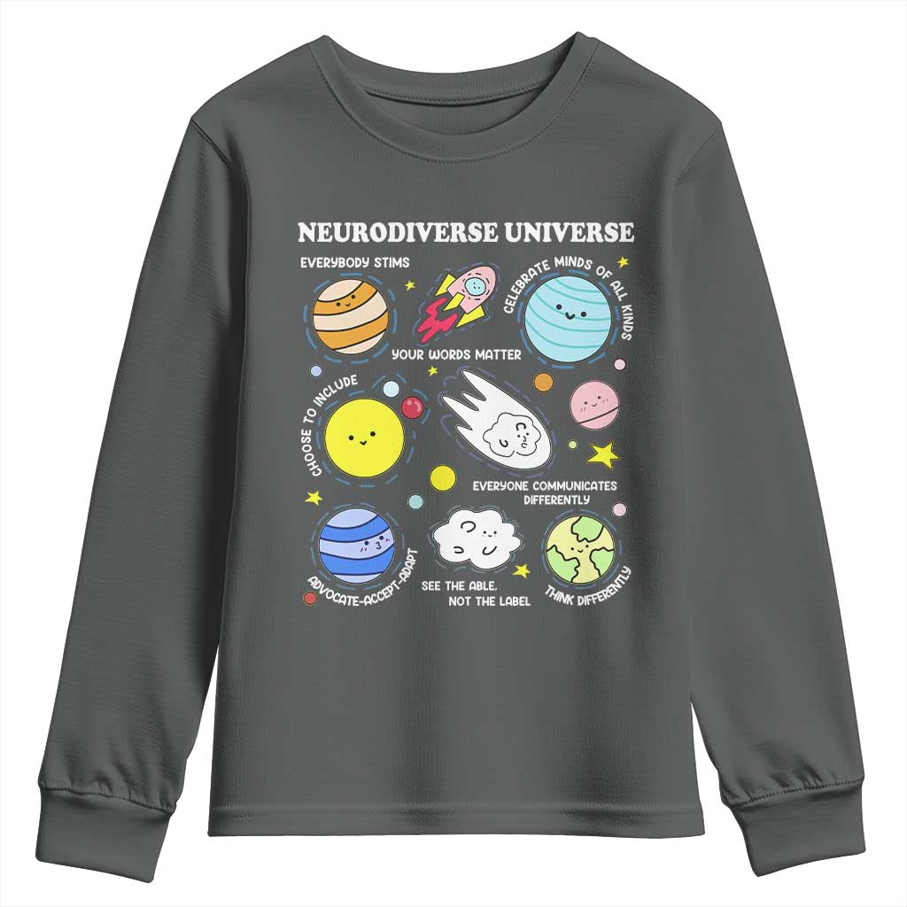Neurodiverse Universe Youth Sweatshirt Autism Awareness ADHD ASD Neurodiversity TS02 Dark Heather Print Your Wear