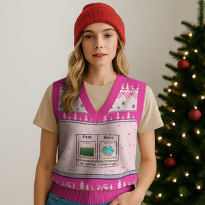 Funny Teacher Summer Break V-Neck Knit Sweater Vest First Teach Then Beach Vacation Mode TS02 Hot Pink Print Your Wear
