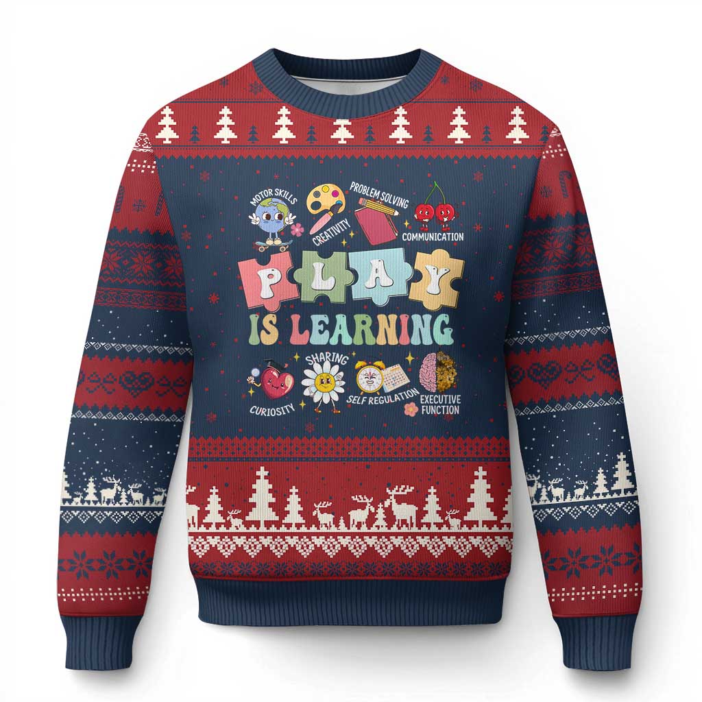 Special Education Ugly Christmas Sweater Play is Learning Sped Teacher TS02 Navy Red Print Your Wear