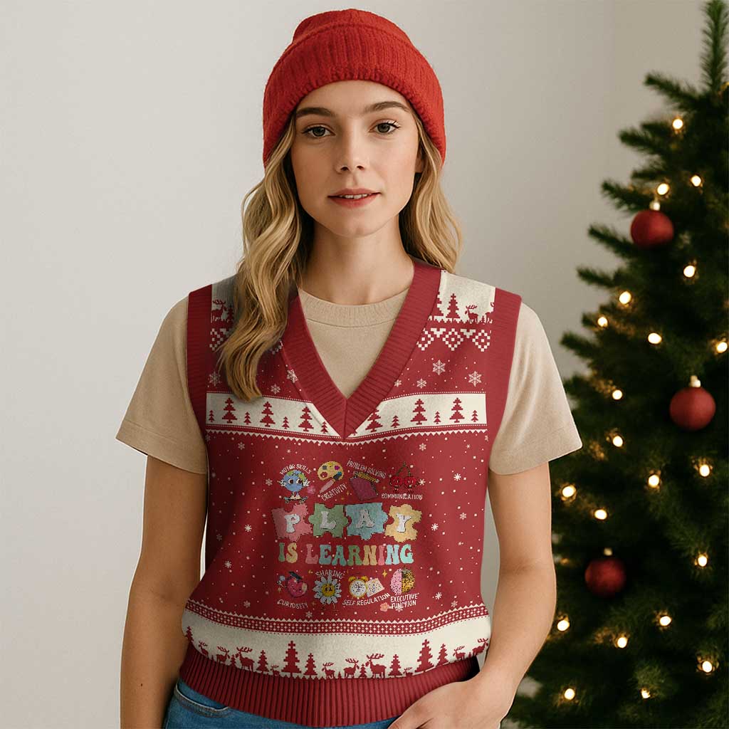 Special Education V-Neck Knit Sweater Vest Play is Learning Sped Teacher TS02 Red Beige Print Your Wear