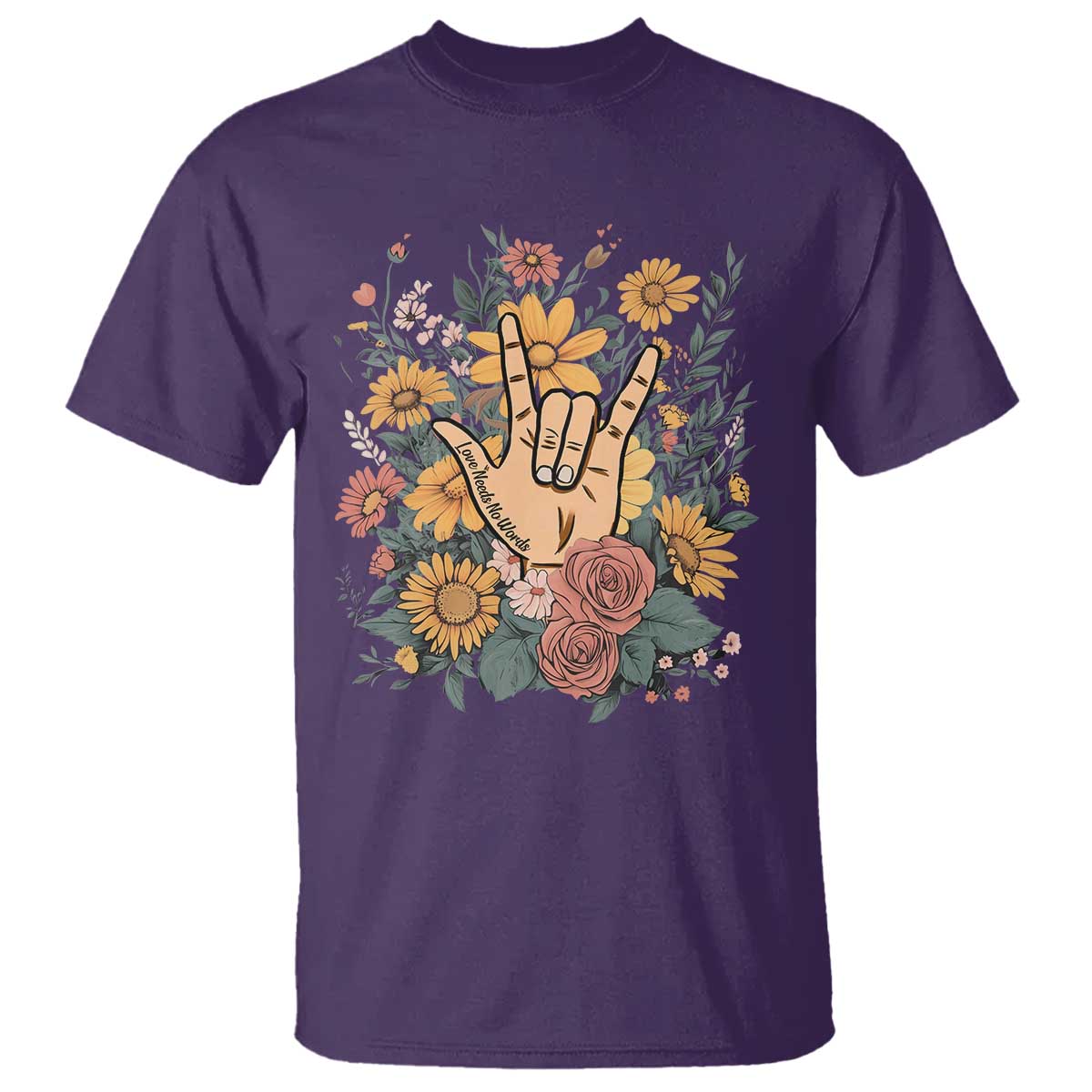 Special Education T Shirt Sign Language ASL Love Needs No Words TS02 Purple Print Your Wear