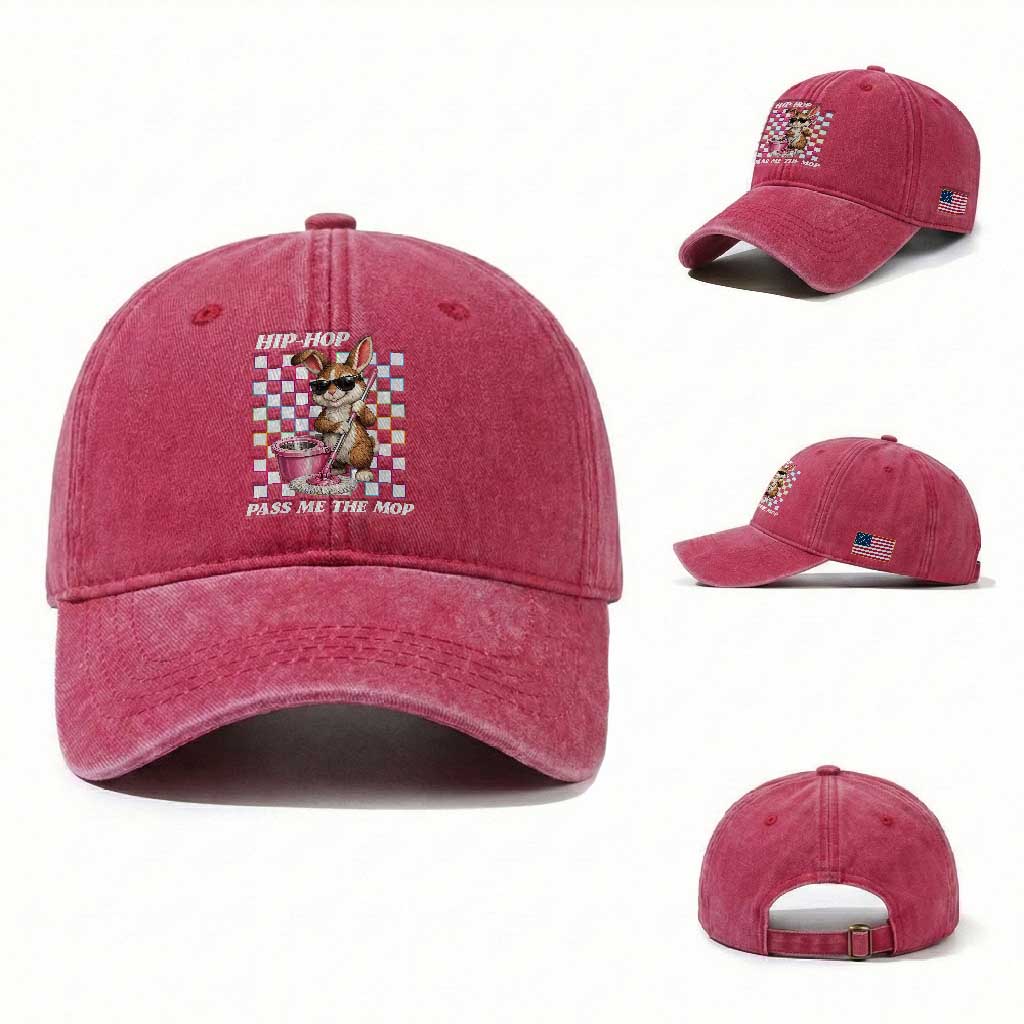 Hip Hop Easter Bunny Cleaning Pun Washed Cotton Baseball Cap Funny Rabbit with Mop TS02 Washed Cap Universal Fit Red Print Your Wear