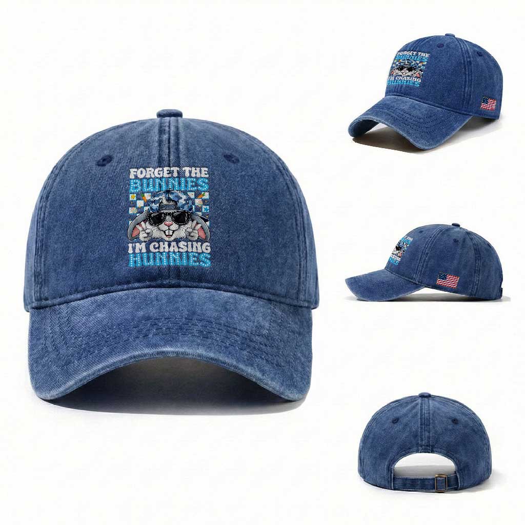 Funny Easter Bunny Forget the Bunnies I’m Chasing Hunnies Washed Cotton Baseball Cap Cool Rabbit with Sunglasses & Hat Humor TS02 Washed Cap Universal Fit Royal Blue Print Your Wear