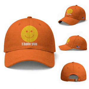 I Hate You Meme Distressed Smiling Face Baseball Cap Dark Humor Sarcastic Funny Attitude TS02 Baseball Cap Universal Fit Orange Print Your Wear