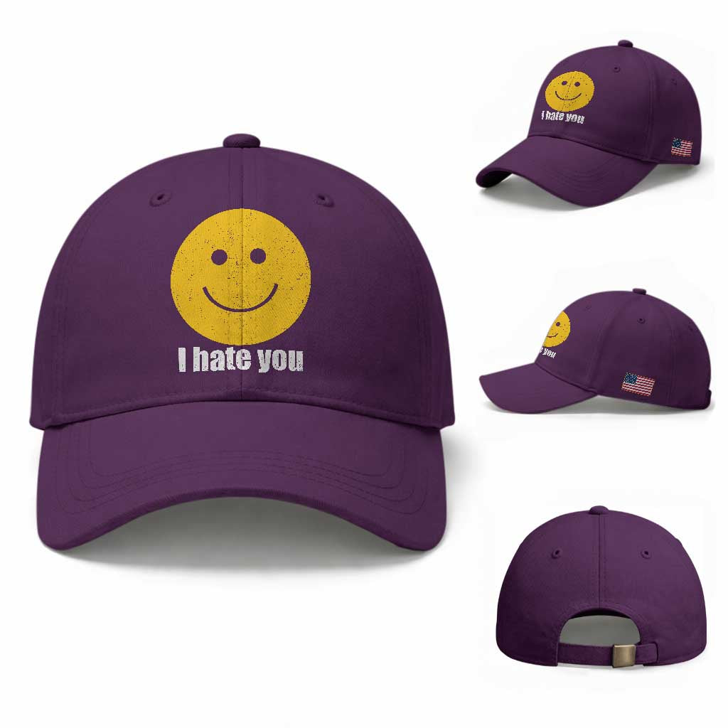I Hate You Meme Distressed Smiling Face Baseball Cap Dark Humor Sarcastic Funny Attitude TS02 Baseball Cap Universal Fit Purple Print Your Wear