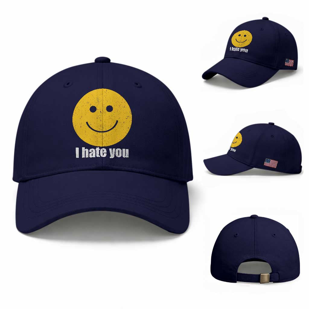 I Hate You Meme Distressed Smiling Face Baseball Cap Dark Humor Sarcastic Funny Attitude TS02 Baseball Cap Universal Fit Dark Blue Print Your Wear