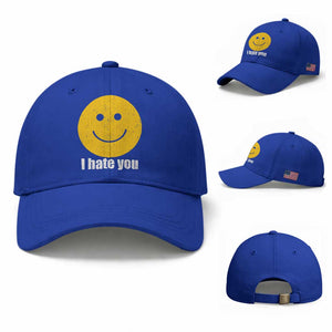 I Hate You Meme Distressed Smiling Face Baseball Cap Dark Humor Sarcastic Funny Attitude TS02 Baseball Cap Universal Fit Royal Blue Print Your Wear