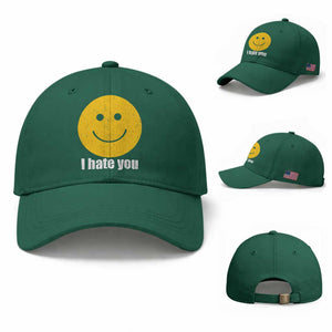 I Hate You Meme Distressed Smiling Face Baseball Cap Dark Humor Sarcastic Funny Attitude TS02 Baseball Cap Universal Fit Irish Green Print Your Wear