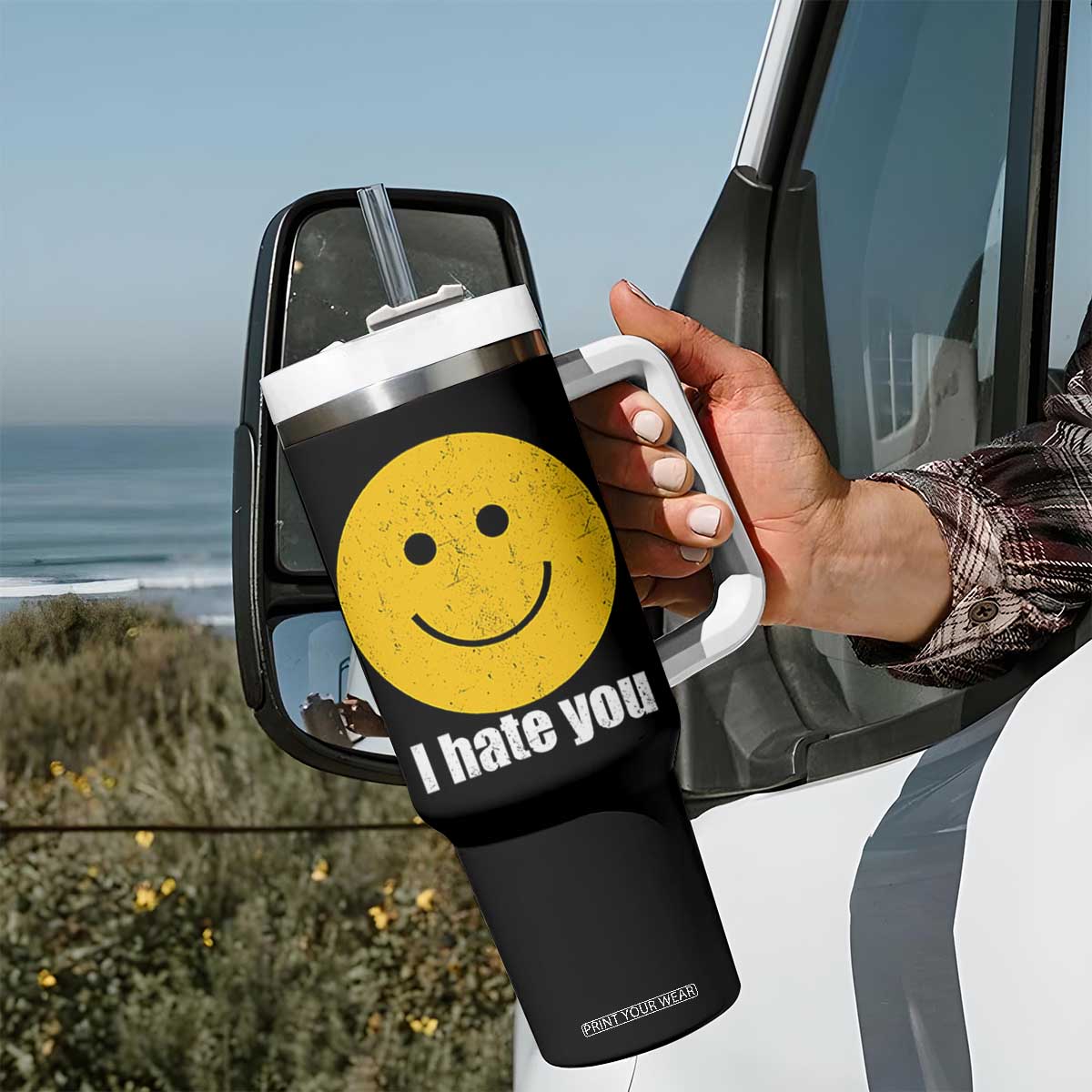 I Hate You Meme Distressed Smiling Face Tumbler With Handle Dark Humor Sarcastic Funny Attitude TS02 Print Your Wear