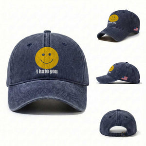 I Hate You Meme Distressed Smiling Face Washed Cotton Baseball Cap Dark Humor Sarcastic Funny Attitude TS02 Washed Cap Universal Fit Navy Print Your Wear