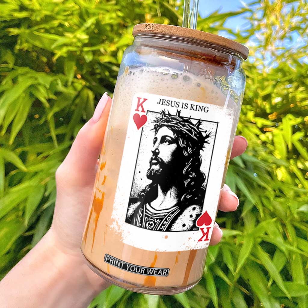 Jesus Is King Playing Card Graphic Glass Can King of Hearts Christian Faith TS02 Black Print Your Wear