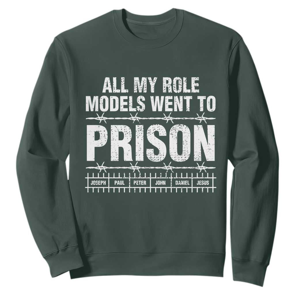 All My Role Models Went To Prison Sweatshirt Biblical History Heroes Faith Statement TS02 Dark Forest Green Print Your Wear