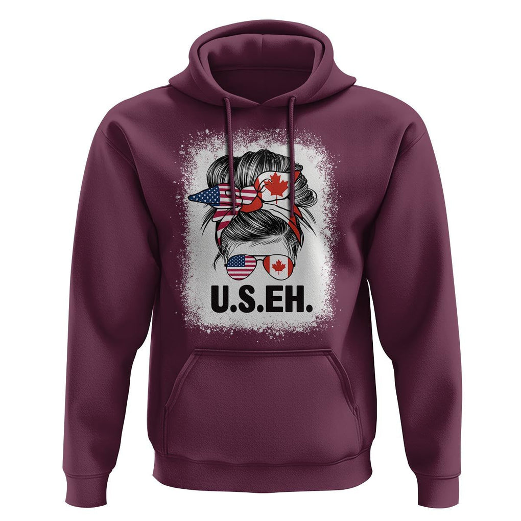 Funny American Canadan Bleached Hoodie US EH America Canada Flag Messy Bun TS02 Maroon Print Your Wear