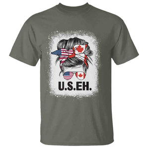 Funny American Canadan Bleached T Shirt US EH America Canada Flag Messy Bun TS02 Military Green Print Your Wear
