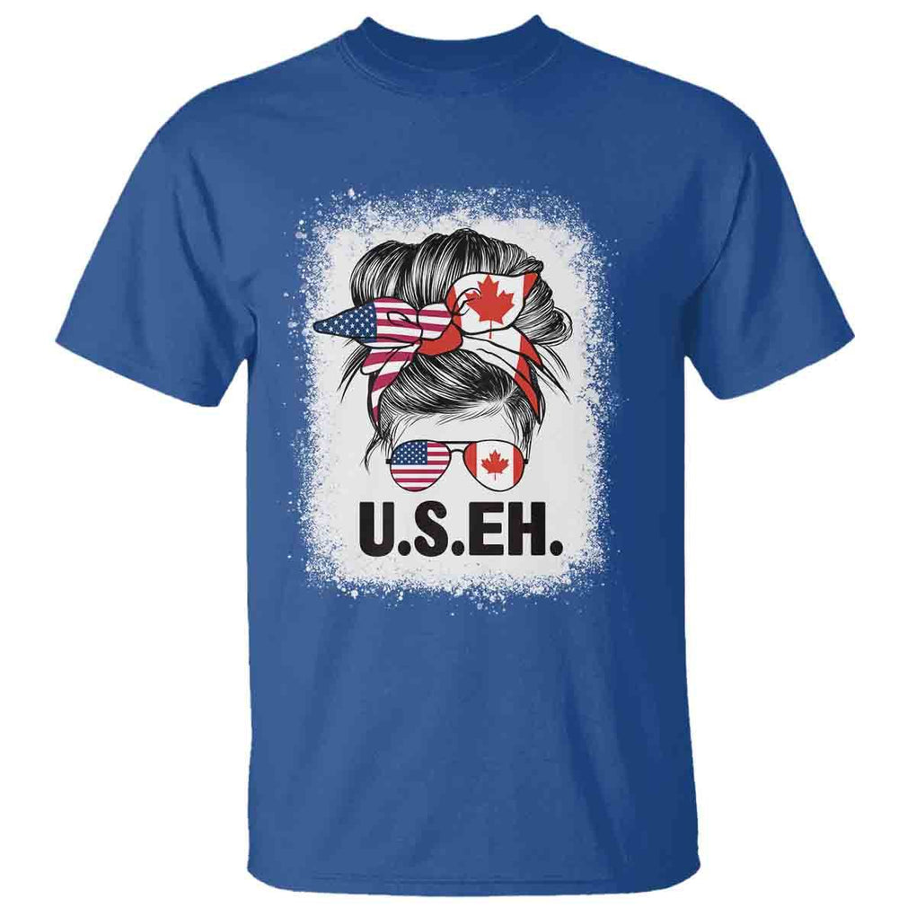 Funny American Canadan Bleached T Shirt US EH America Canada Flag Messy Bun TS02 Royal Blue Print Your Wear