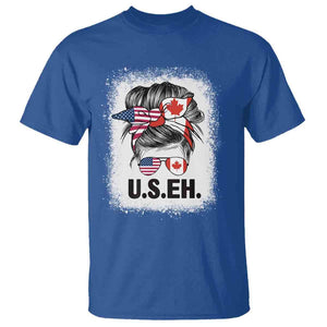 Funny American Canadan Bleached T Shirt US EH America Canada Flag Messy Bun TS02 Royal Blue Print Your Wear