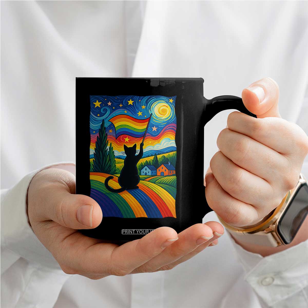 Whimsical Black Cat Pride Flag Coffee Mug Colorful LGBTQ Rainbow TS02 Print Your Wear