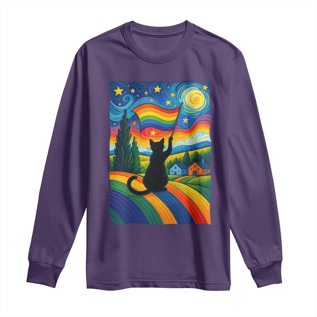 Whimsical Black Cat Pride Flag Long Sleeve Shirt Colorful LGBTQ Rainbow TS02 Purple Print Your Wear