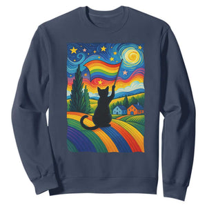 Whimsical Black Cat Pride Flag Sweatshirt Colorful LGBTQ Rainbow TS02 Navy Print Your Wear