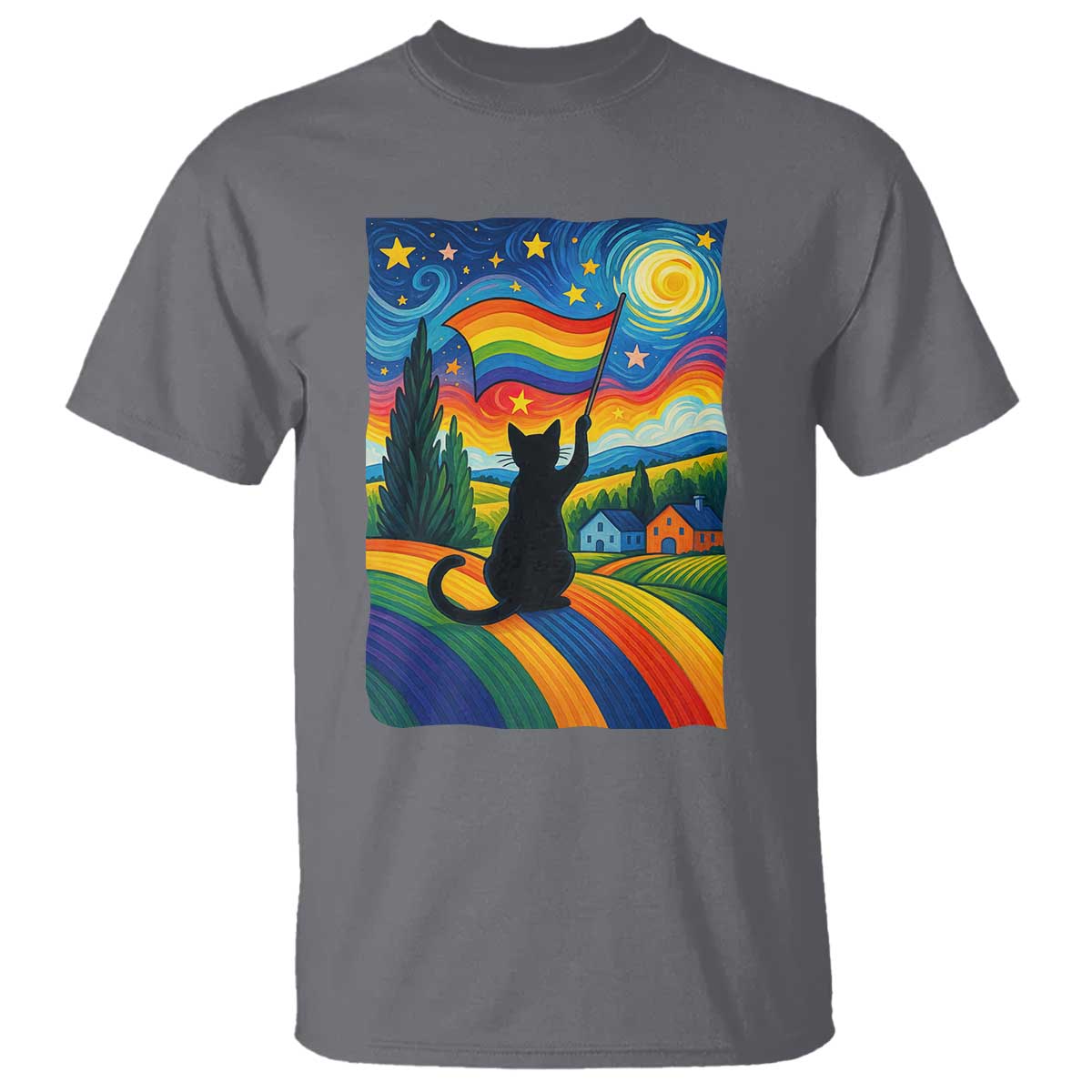 Whimsical Black Cat Pride Flag T Shirt Colorful LGBTQ Rainbow TS02 Charcoal Print Your Wear